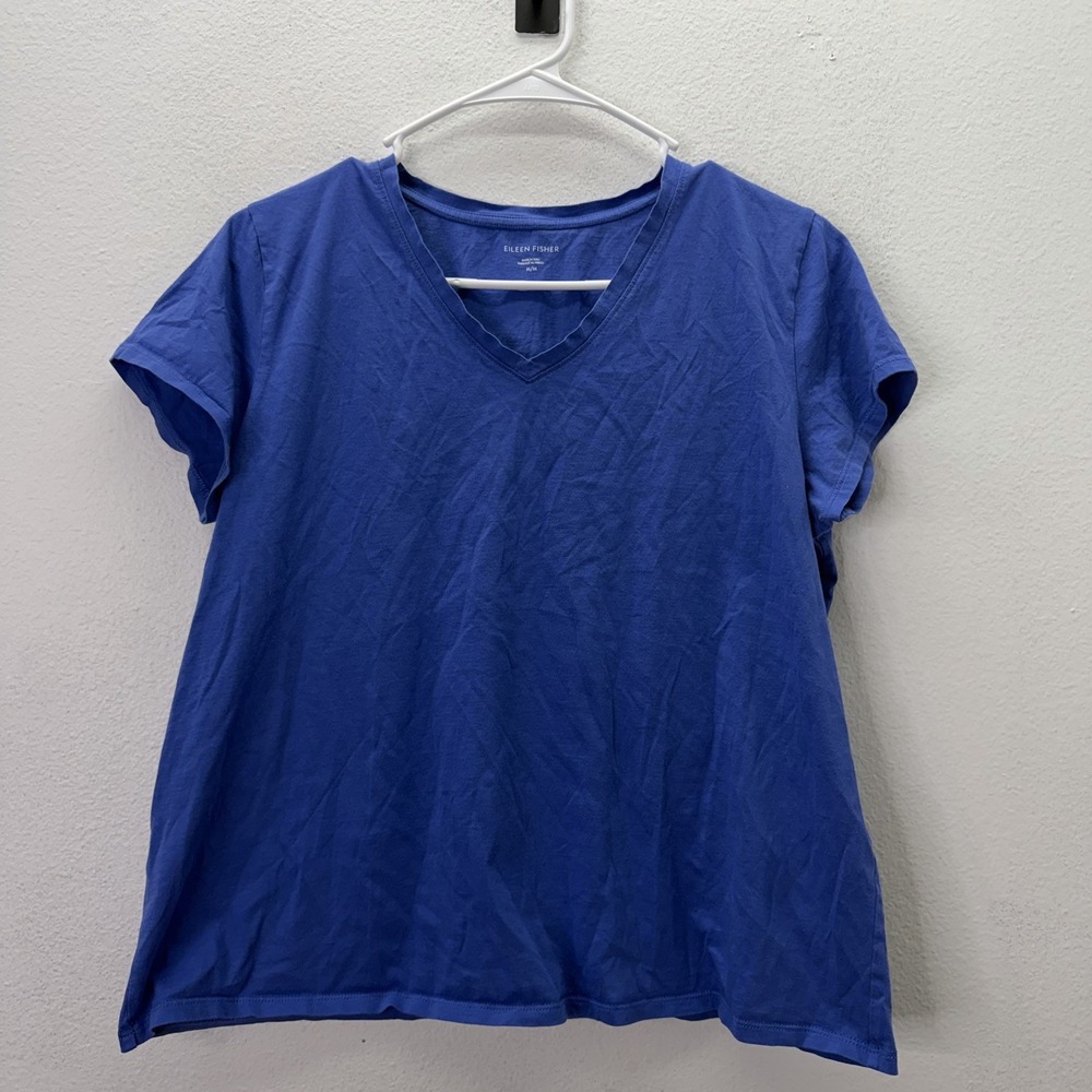 EILEEN FISHER Top M Slub 100% Organic Cotton Jersey V-Neck Short Sleeve Blue Tee